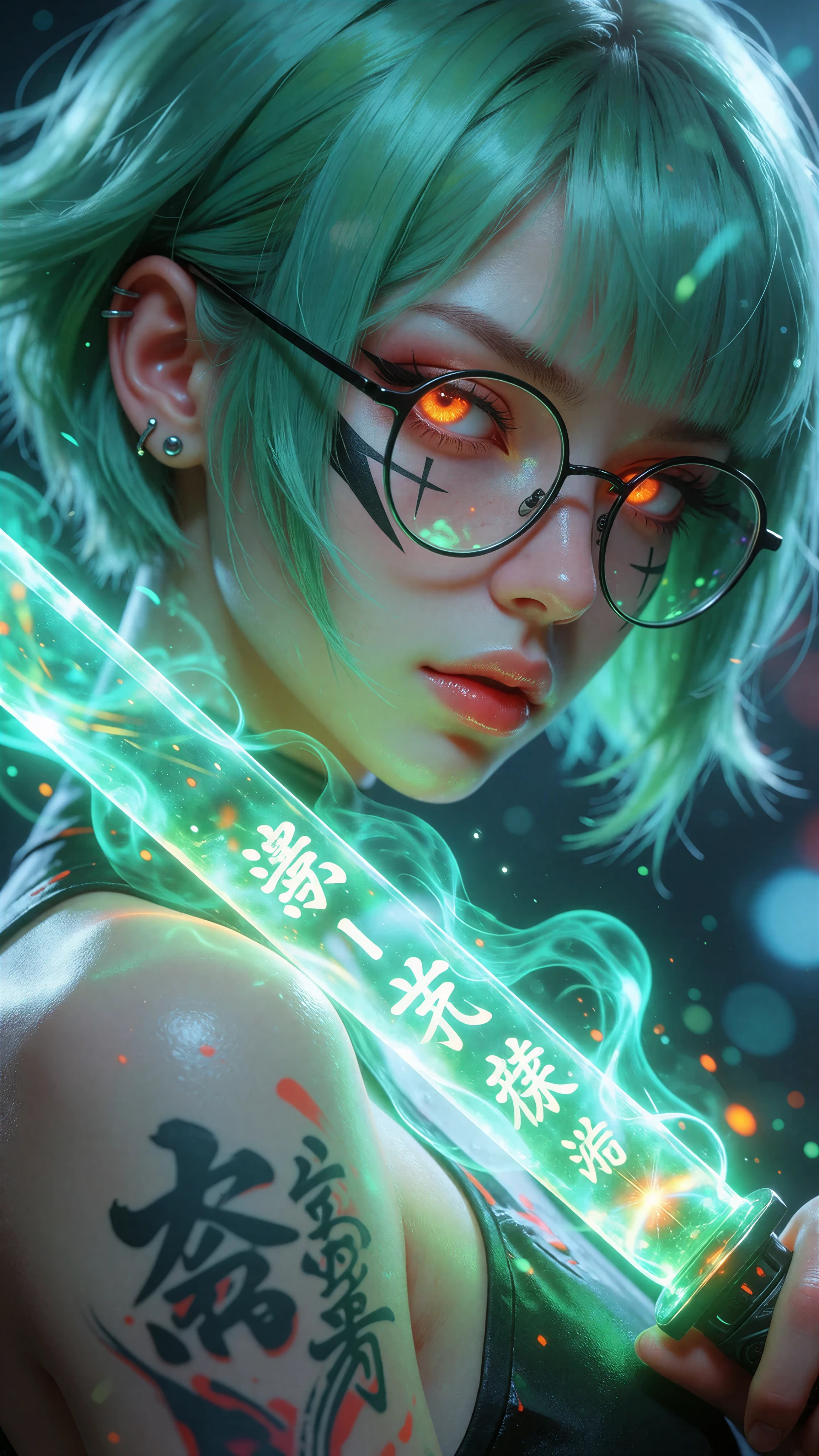 Neon-lit anime portrait of a green-haired girl in glasses with glowing accents, made with Dreamerland