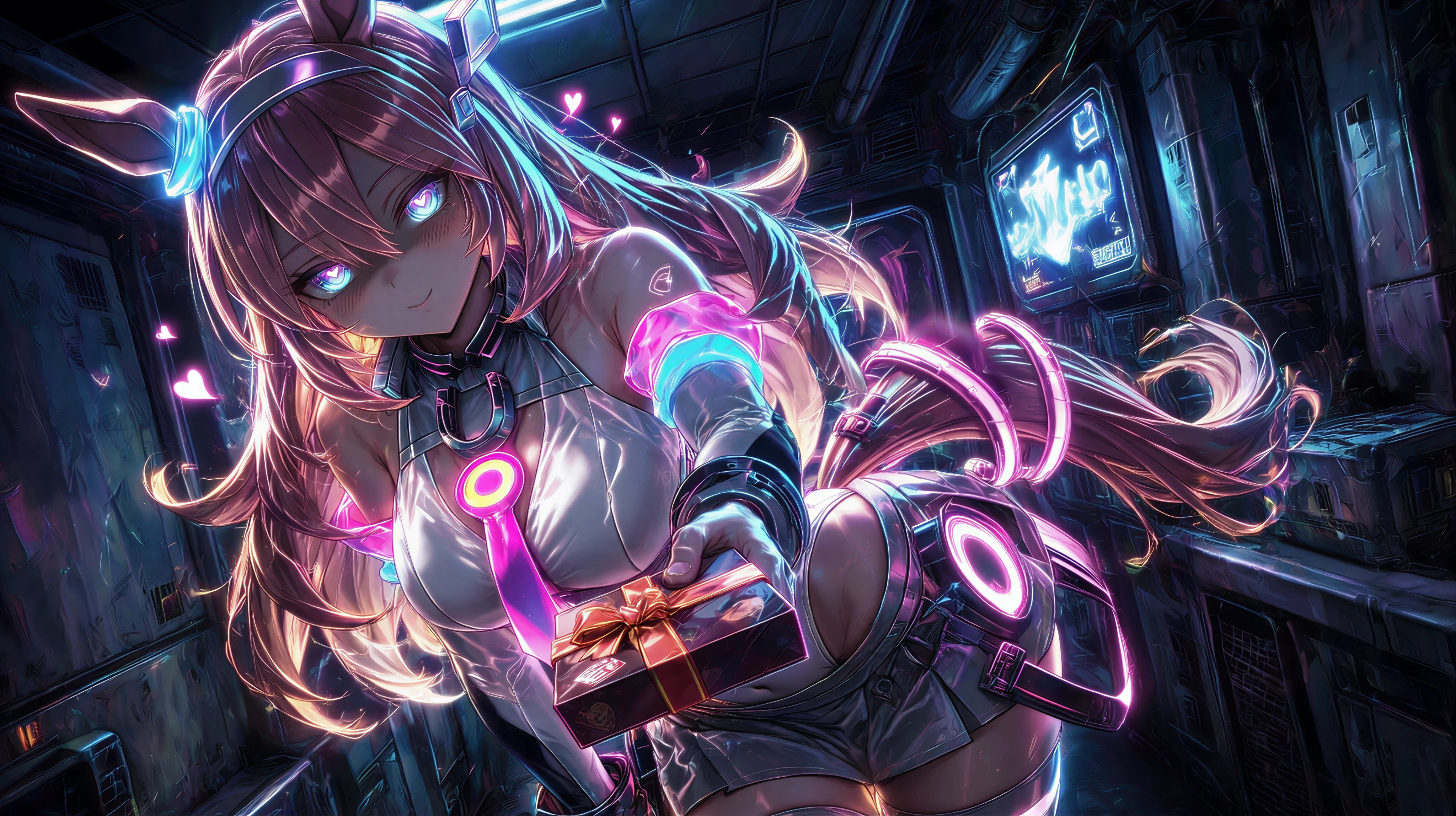 Neon cyberpunk anime heroine in mecha armor against a glowing cityscape, made with Dreamerland